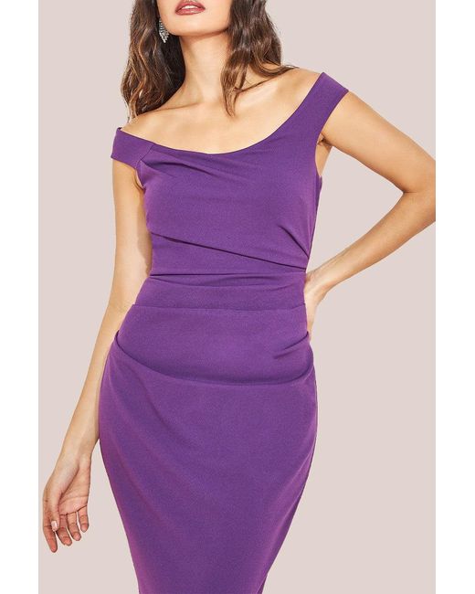 Goddiva Purple Off The Shoulder Scuba Maxi Dress