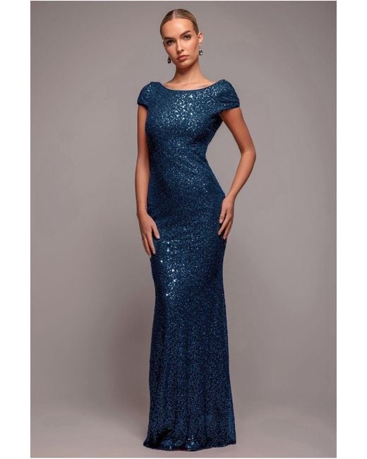 Goddiva Blue Cowl Back Sequin Maxi