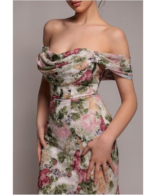 Goddiva Natural Cowl Neck Floral Print Jacquard Chiffon Maxi Dress