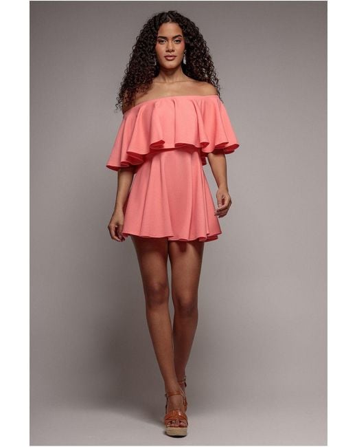 Goddiva Red Off The Shoulder Frill Neck Skater Playsuit