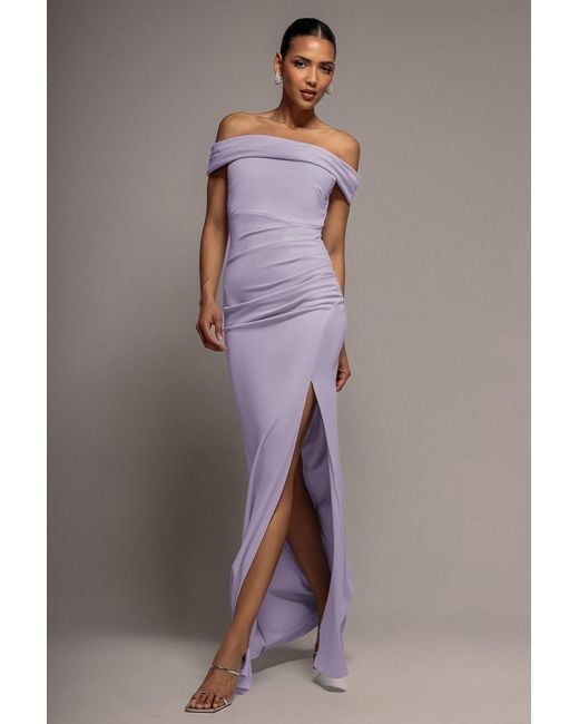 Goddiva Purple Off The Shoulder Maxi Dress With Split