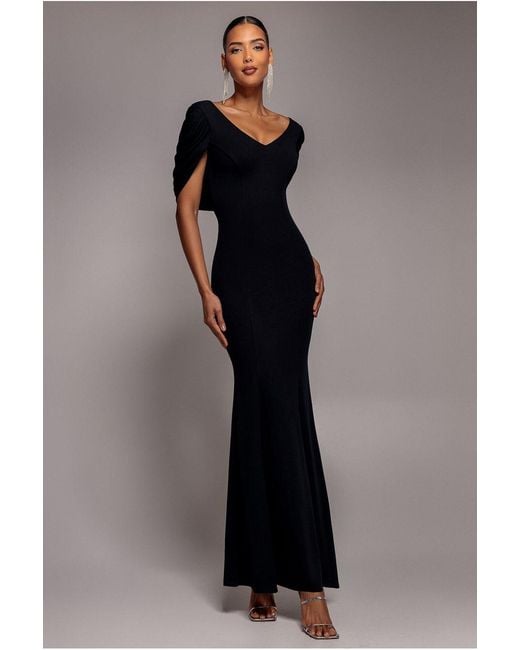 Goddiva Black V Neck Cowl Back Pleated Sleeve Scuba Maxi Dress