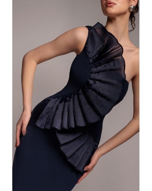 Goddiva Blue One Shoulder Pleated Fan Maxi Dress