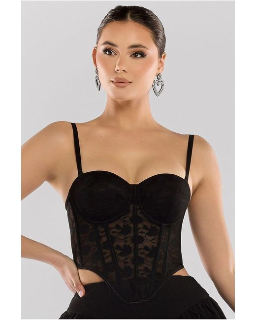 Goddiva Black Textured Floral Mesh Corset