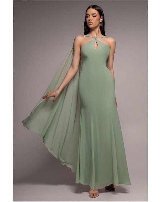Goddiva Green Multiway Cape Chiffon With Embellished Trim Maxi Dress