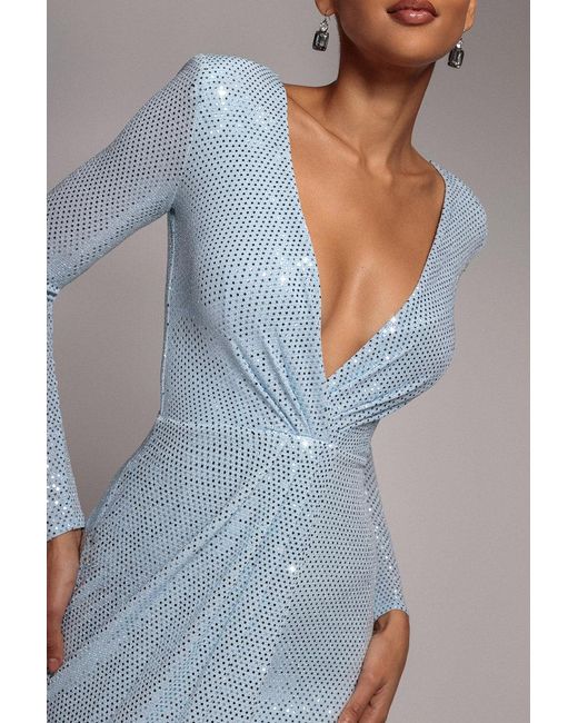 Goddiva Blue Sequined Lurex Long Sleeve Wrap Midi Dress