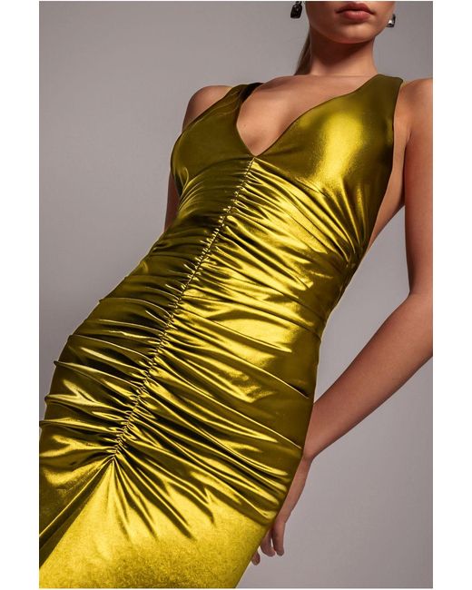 Goddiva Yellow Multi-Tied Satin Gathered Ring Maxi Dress