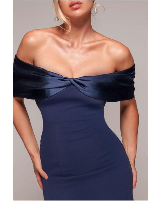 Goddiva Blue Twist Knot Satin & Scuba Bardot High Low Midi Dress