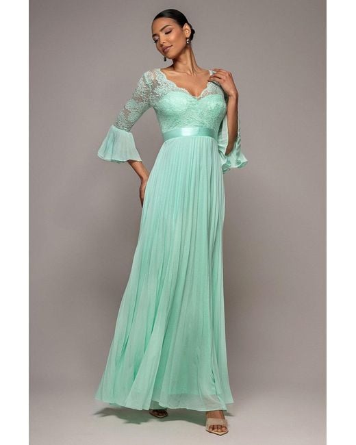 Goddiva Green Scalloped Lace Bodice Pleated Chiffon A Line Maxi Dress
