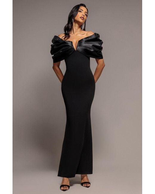 Goddiva Black Satin Plunge Neck Bardot Scuba Maxi Dress