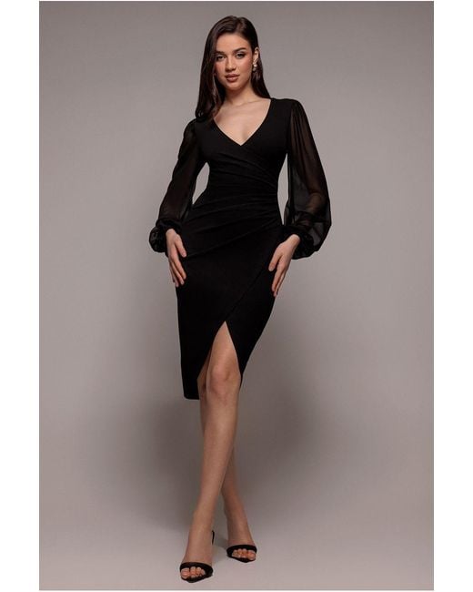 Goddiva Brown Scuba & Chiffon Balloon Sleeve Wrap Midi Dress