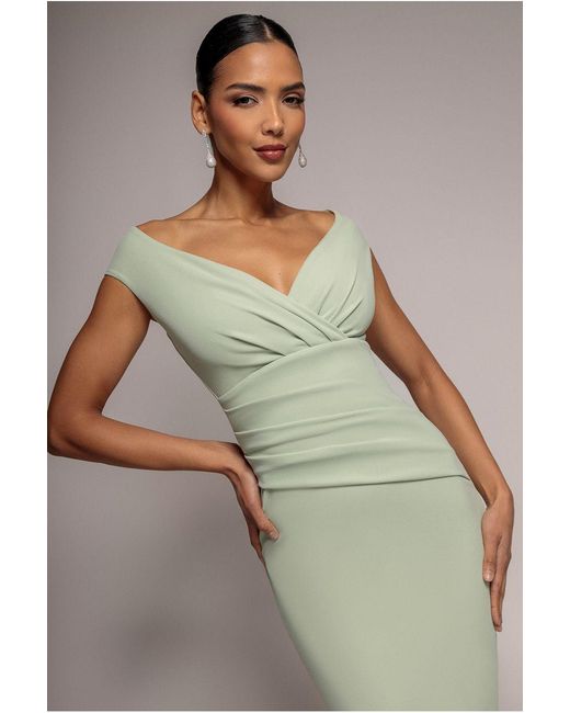 Goddiva Brown Bardot Pleated Midi Dress