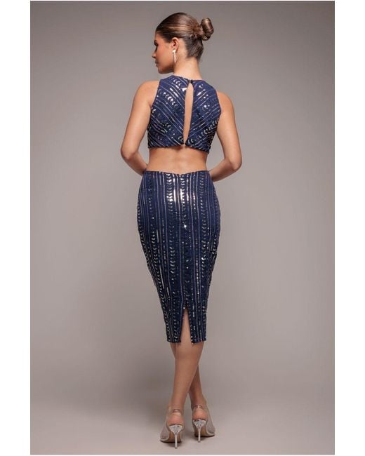 Goddiva Blue Patterned Sequin Cut Out Midi Dress