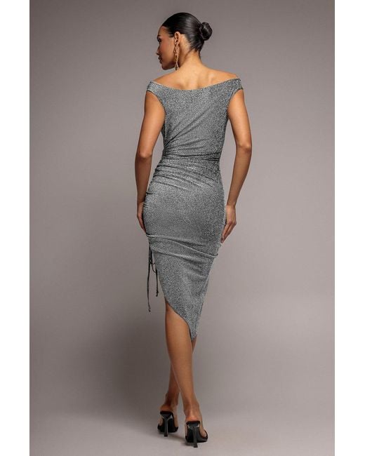 Goddiva Gray Off The Shoulder Drawstring Side Midi Dress
