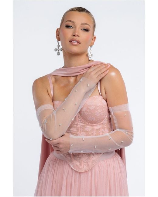 Goddiva Pink Embellished Fingerless Mesh Gloves