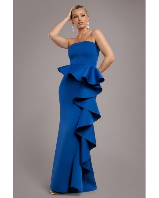 Goddiva Blue Boobtube Peplum Waterfall Frill Maxi Dress