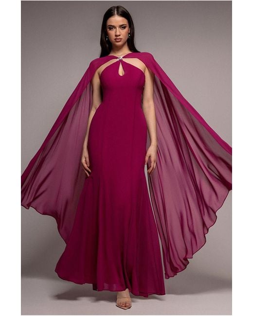 Goddiva Purple Multiway Cape Chiffon With Embellished Trim Maxi Dress