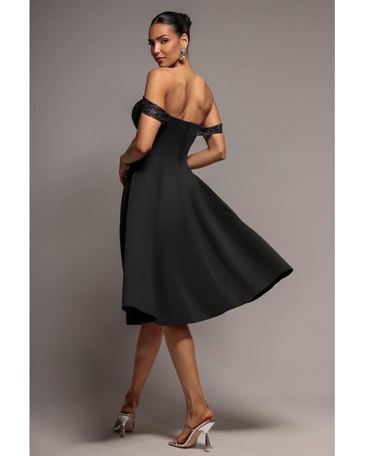 Goddiva Blue Sparkle Chiffon Cowl Bardot Skater Midi Dress