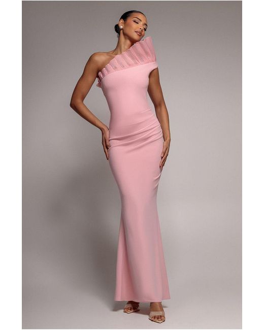 Goddiva Brown One Shoulder Organza Frill Pleated Mermaid Maxi Dress