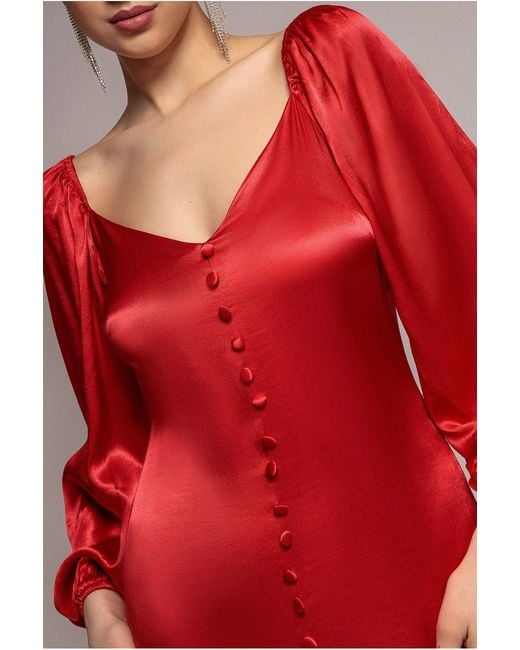 Goddiva Red Satin Viscose Front Buttoned Dipped Hem Midi