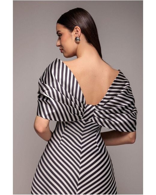 Goddiva Gray Stripe Off Shoulder Bow Back Satin Bow Mini Dress