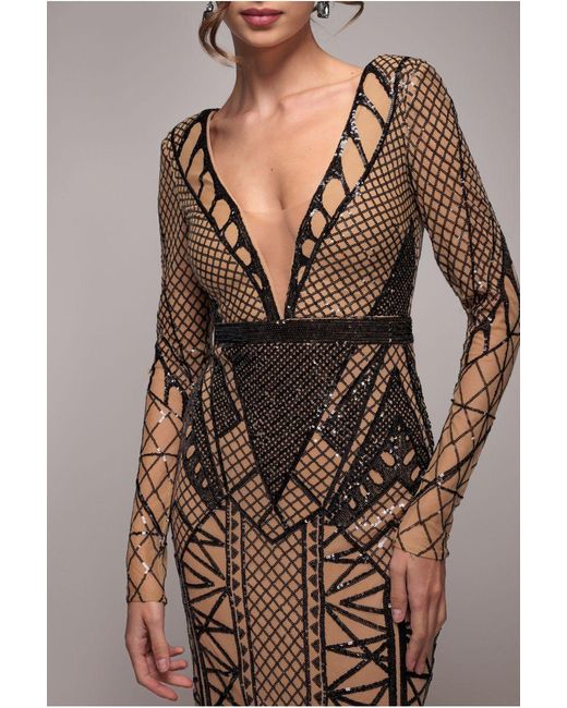 Goddiva Natural Geometric Sequin Plunge Maxi