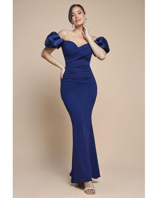 Goddiva Off Shoulder Back Satin Bow Scuba Maxi Dress - Navy Blue