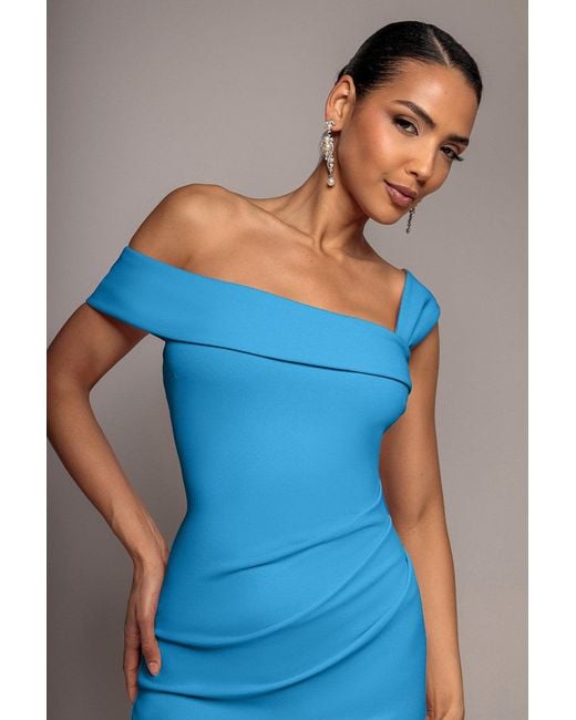 Goddiva Blue Off The Shoulder Pleated Waist Maxi Dress