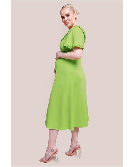 Goddiva Green Maternity Flare Sleeve Frill Edge Midi Dress