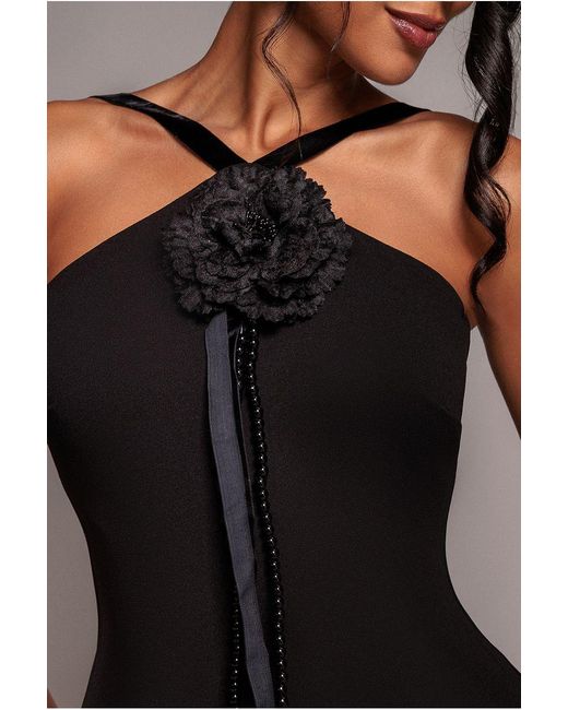 Goddiva Black Racer Neck Corsage Scuba Maxi