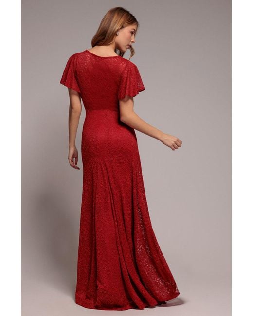 Goddiva Red Flutter Sleeve Lace A-Line Maxi Dress