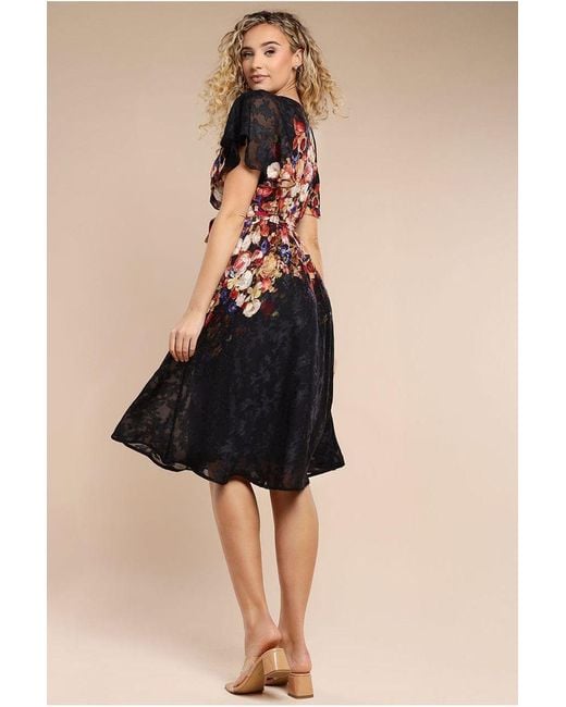 Goddiva Black Floral Flutter Sleeve Wrap Midi Dress