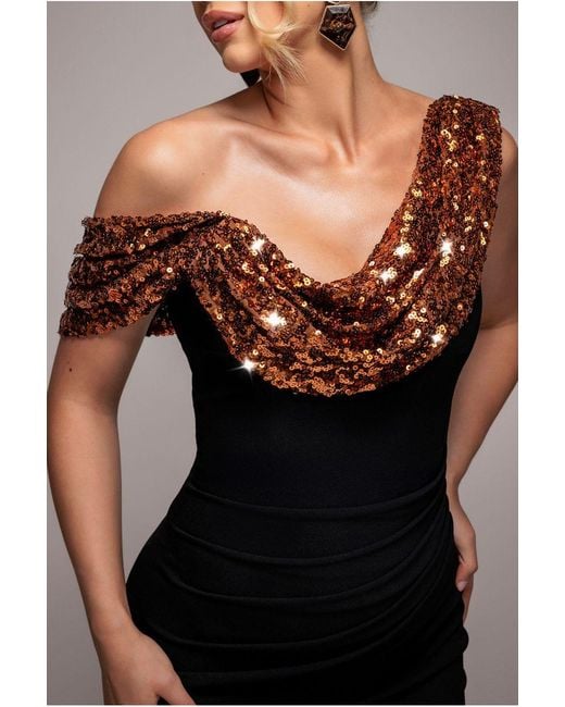 Goddiva Blue Cowl One Shoulder Contrast Sequin & Scuba Crepe Maxi Dress
