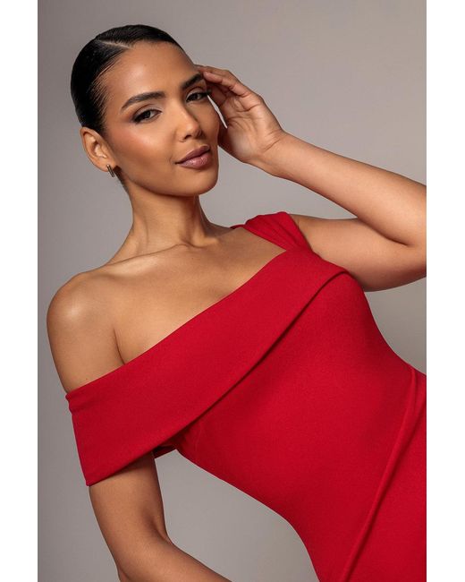 Goddiva Red Off The Shoulder Pleated Waist Maxi Dress