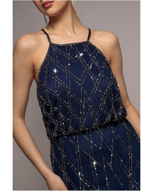 Goddiva Blue Racer Neck Sleeveless Hand Embellished Sequin Maxi Dress