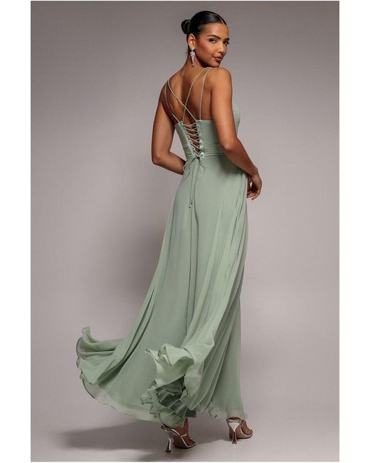 Goddiva Multicolor Chiffon Cowl Twisted Rope Strap Lace-Up Flared Maxi Dress