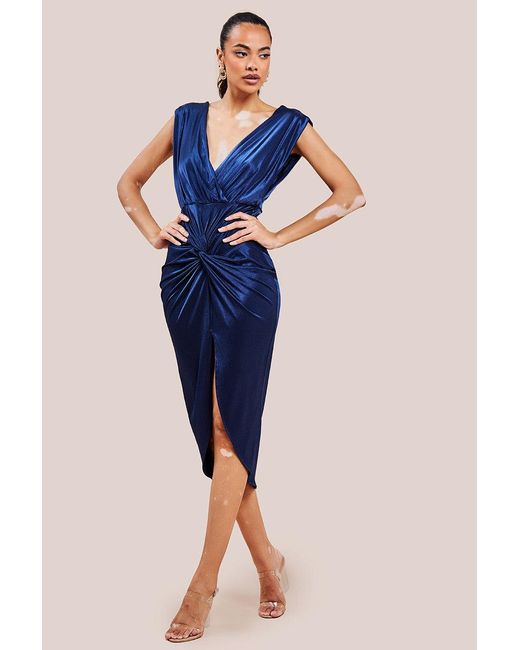 Goddiva Blue Satin Wrap Knotted Midi Dress