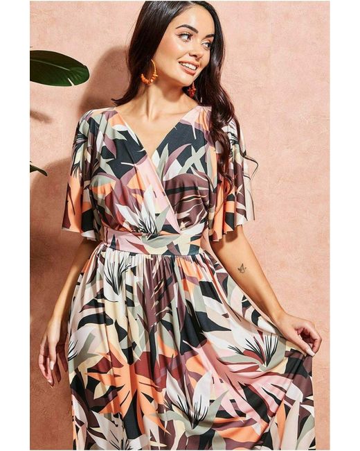 Goddiva Brown Leaf Print Midi With Flutter Sleeves