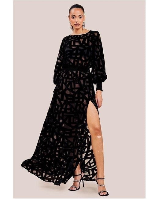 Goddiva Black Velvet Burnout Maxi Skater Dress