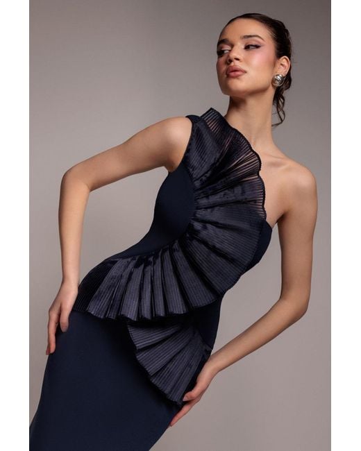Goddiva Blue One Shoulder Pleated Fan Maxi Dress