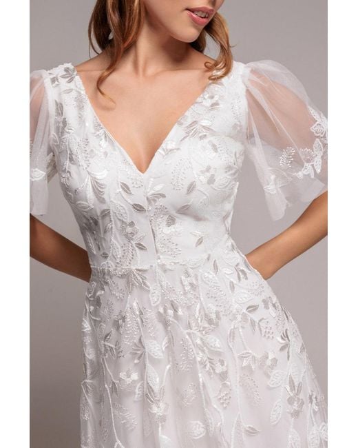 Goddiva White Flared Sleeve Embroidered Maxi Dress