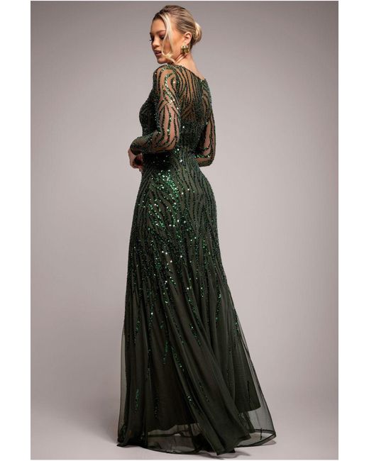 Goddiva Multicolor Ombre Sequin Beaded Flared Long Sleeve Maxi Dress