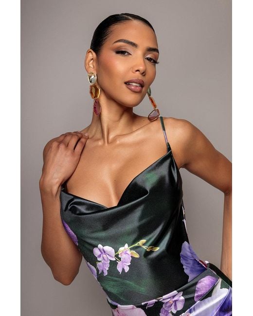 Goddiva Multicolor Floral Print Satin Cowl Neck Maxi Dress