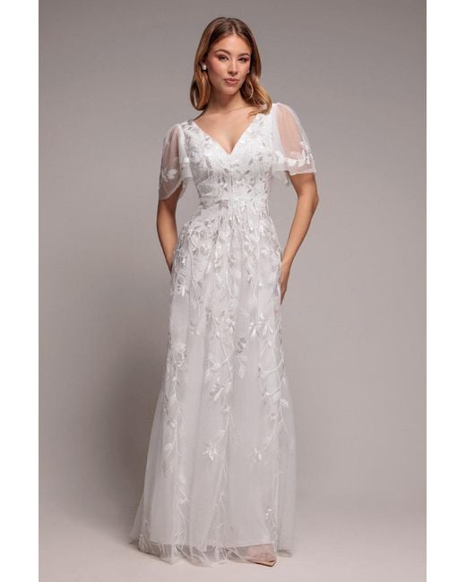 Goddiva White Flared Sleeve Embroidered Maxi Dress