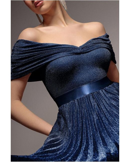 Goddiva Blue Bardot Pleated Skirt Maxi Dress