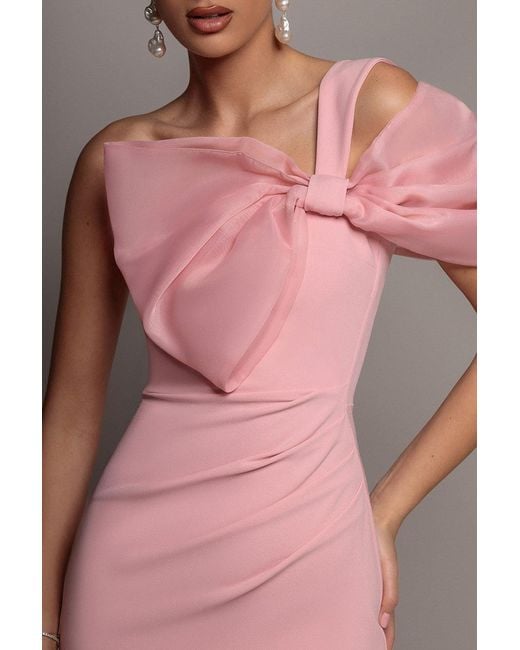 Goddiva Pink Organza Bow One Shoulder Scuba Crepe Maxi Dress