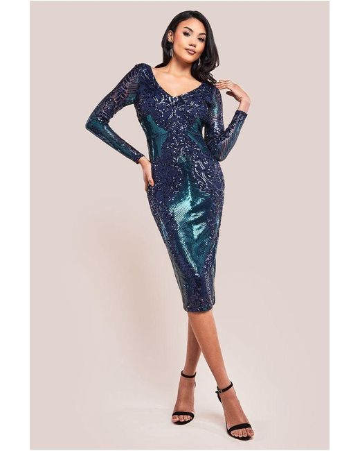 Goddiva Blue Contrast Sequin Long Sleeve Midi Dress