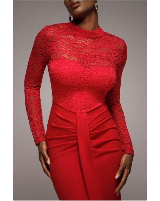 Goddiva Red Lace High Neck Sheer Bodice Long Sleeve Maxi Dress