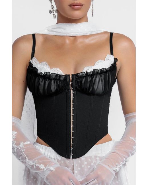 Goddiva White Milk Maid Corset Polka Dobby Chiffon A-Line Maxi Skirt With Scarf & Gloves