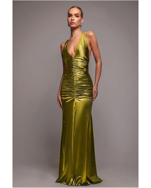 Goddiva Yellow Multi-Tied Satin Gathered Ring Maxi Dress